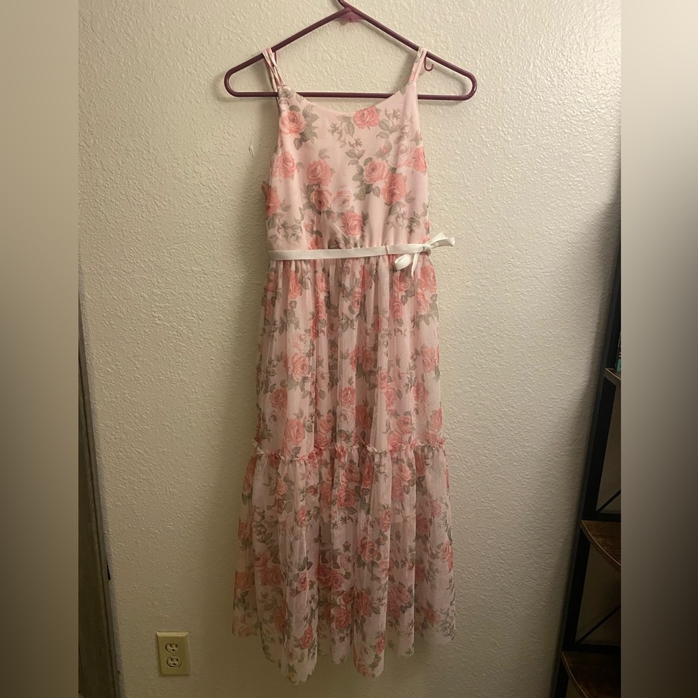 Pink dress with flowers and ribbon belt, long dress